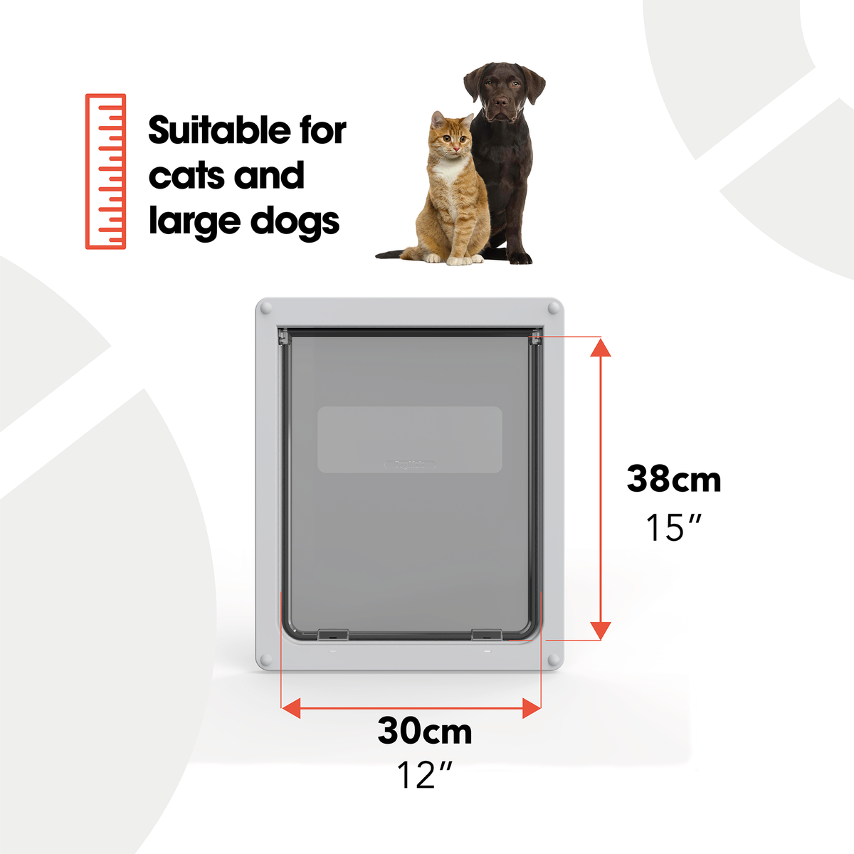 An infographic for the large pet door showing the product dimensions and the suitable pets that can use it. 