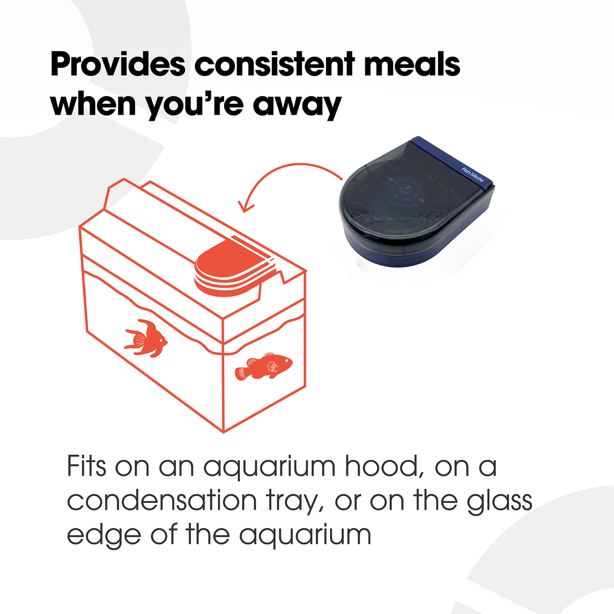 An infographic showing where the feeder would be attached to the aquarium to demonstrate its use. 