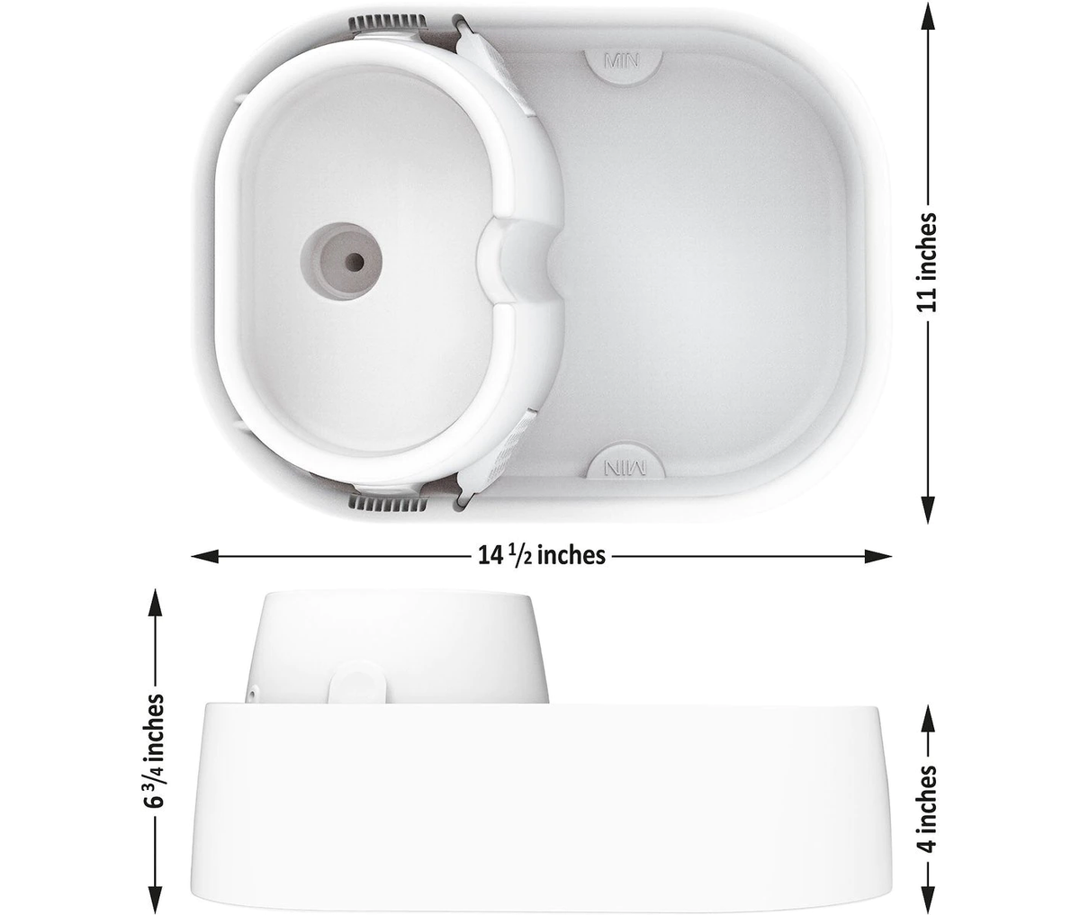 An infographic showing the dimensions of the pet drinking fountain. 