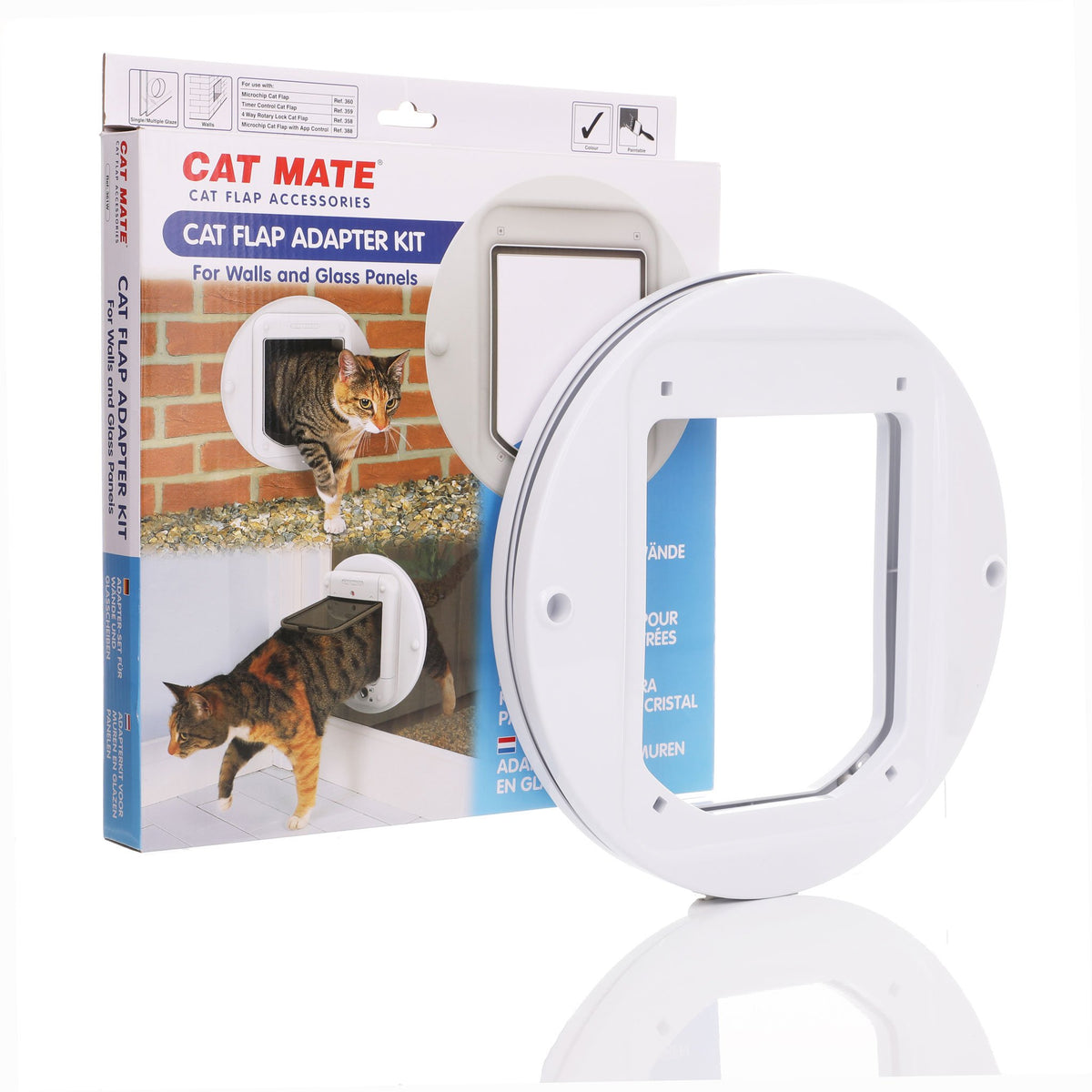 Packaging and product of the Cat Mate Cat Flap Adapter Kit, designed for walls and glass panels. The package shows images of a cat entering and exiting through a circular cat flap installed in a brick wall. The white plastic adapter ring is displayed in front of the box, showing its circular shape with a square inner opening for the flap