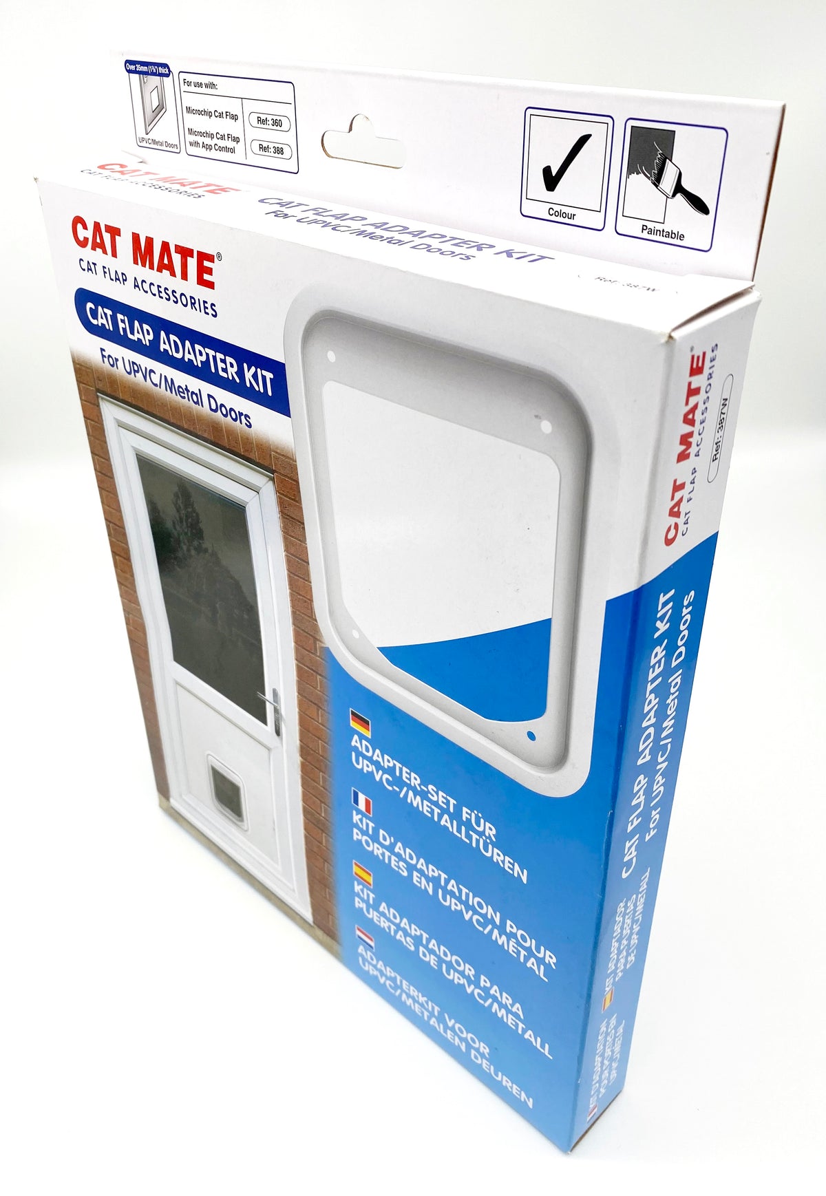 Packaging box of a Cat Mate Cat Flap Adapter Kit designed for UPVC and metal doors. The box shows an image of a white door with a cat flap installed and a close-up of the white adapter frame. The packaging features multilingual text and icons indicating the product is paintable and includes color options. The brand name 'Cat Mate' is prominently displayed in red at the top left corner.
