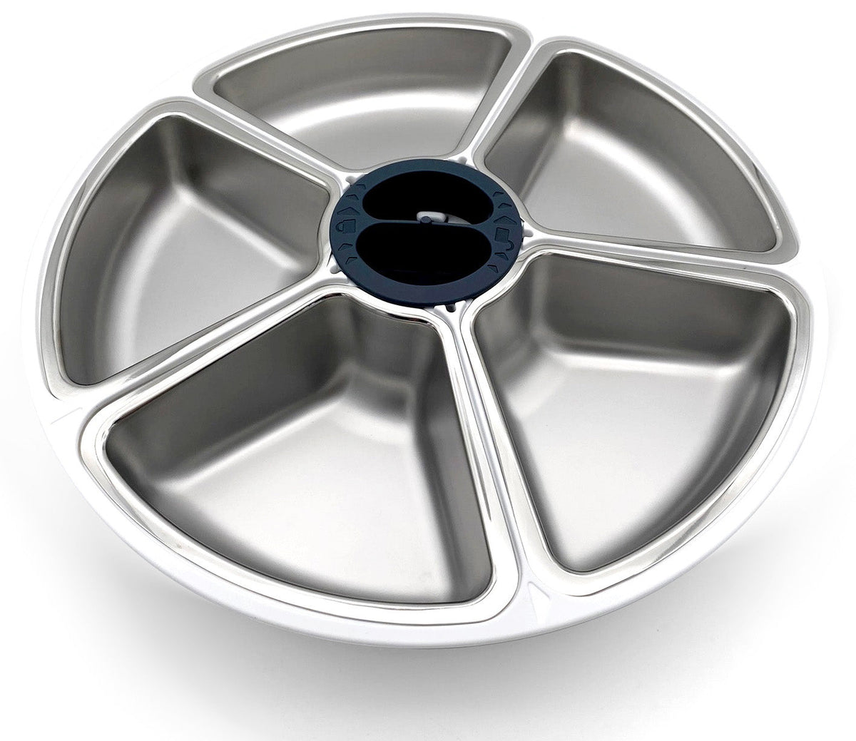 The 5 meal stainless steel dish which is empty is displayed on a white background 