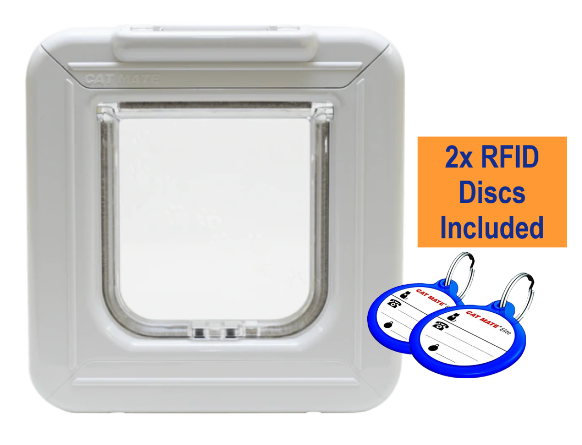 A white electromagnetic pet door for cats with two RFID discs displayed next to it  on a white background. 