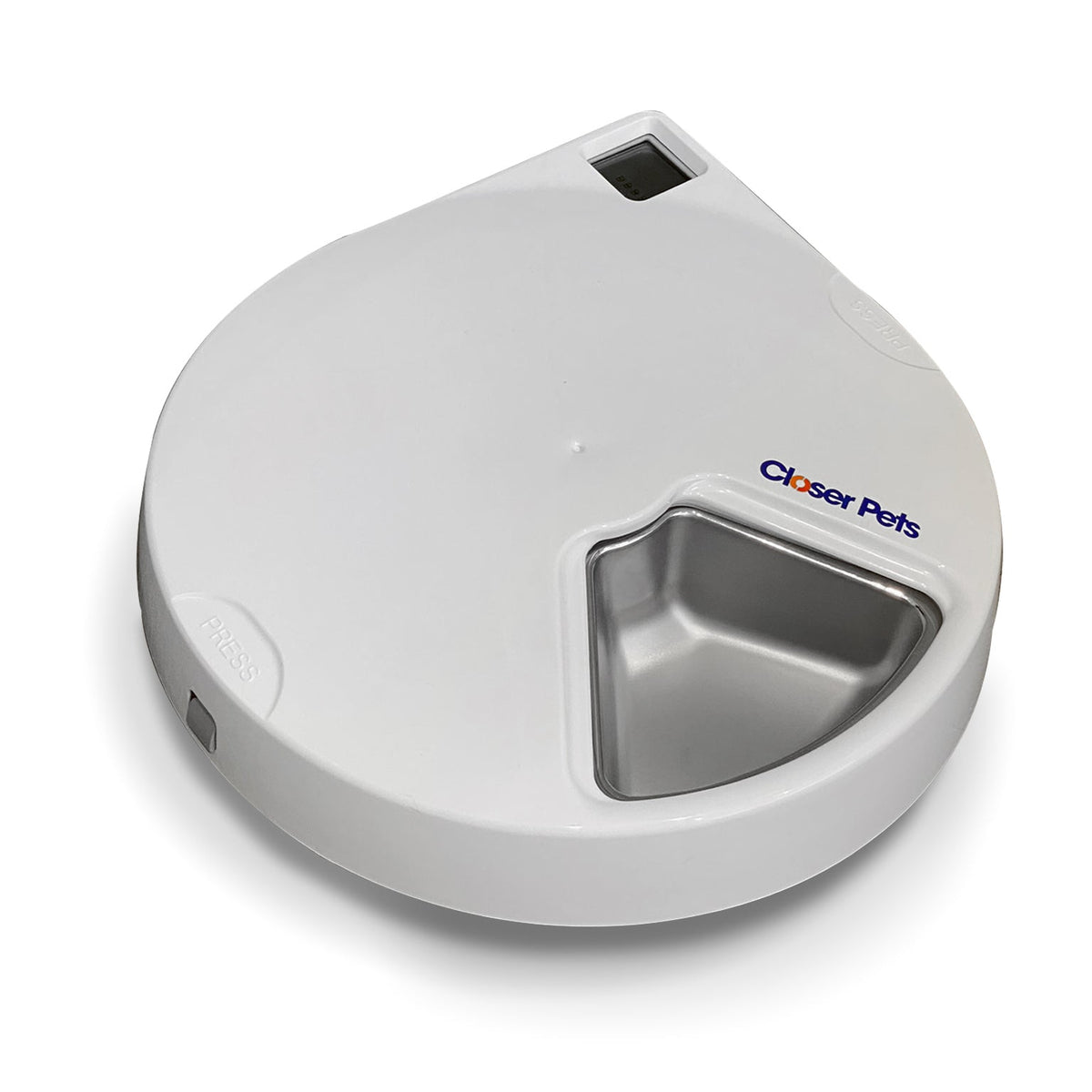 White automatic pet feeder with a circular design, branded 'Closer Pets'. It features a triangular stainless steel food tray visible through a cut-out in the top cover. A digital display is located at the top edge, and there are labelled 'PRESS' buttons on the sides for opening the lid.