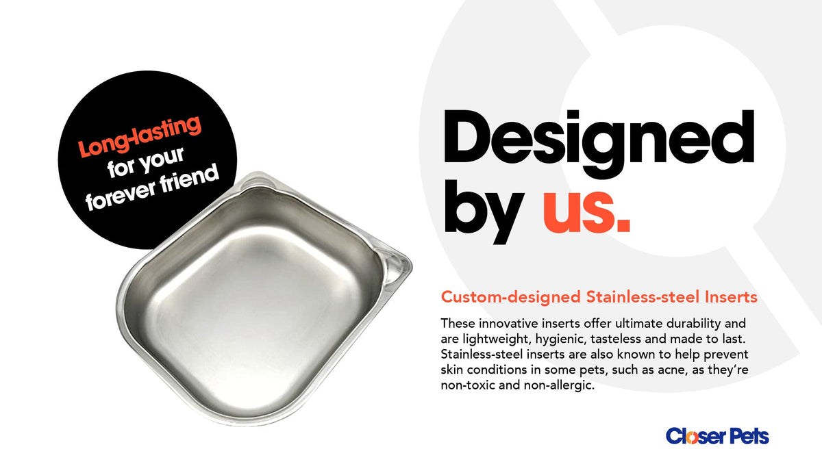 Infographic showing a custom-designed stainless steel pet food bowl insert. The text highlights the product as 'Long-lasting for your forever friend' and 'Designed by us.' A description below emphasizes the benefits of the stainless-steel inserts, stating they are durable, lightweight, hygienic, tasteless, non-toxic, and non-allergenic—helping prevent skin conditions like acne in pets. The Closer Pets logo appears at the bottom right corner.