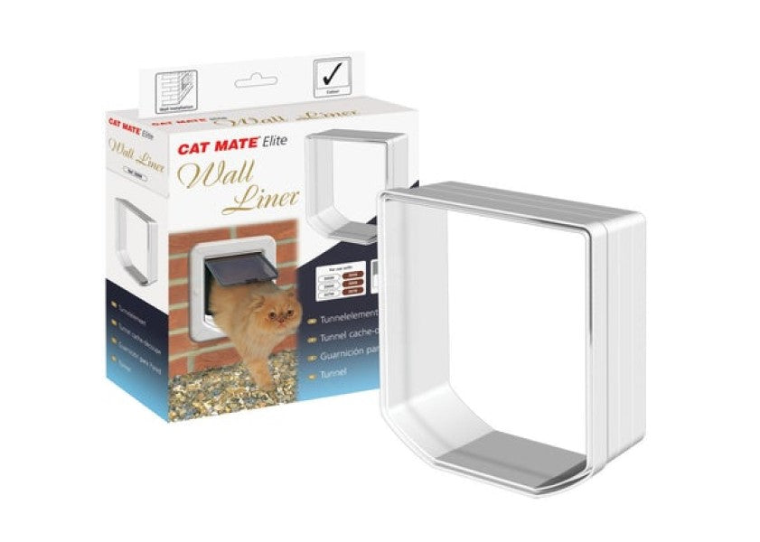 The white cat flap wall liner is pictured next to the box it is packaged in. 