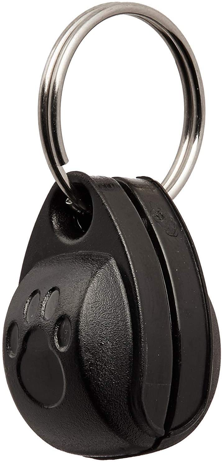 A side view of the black collar magnet and the O-ring which attaches to the cat's collar, on a white background. 